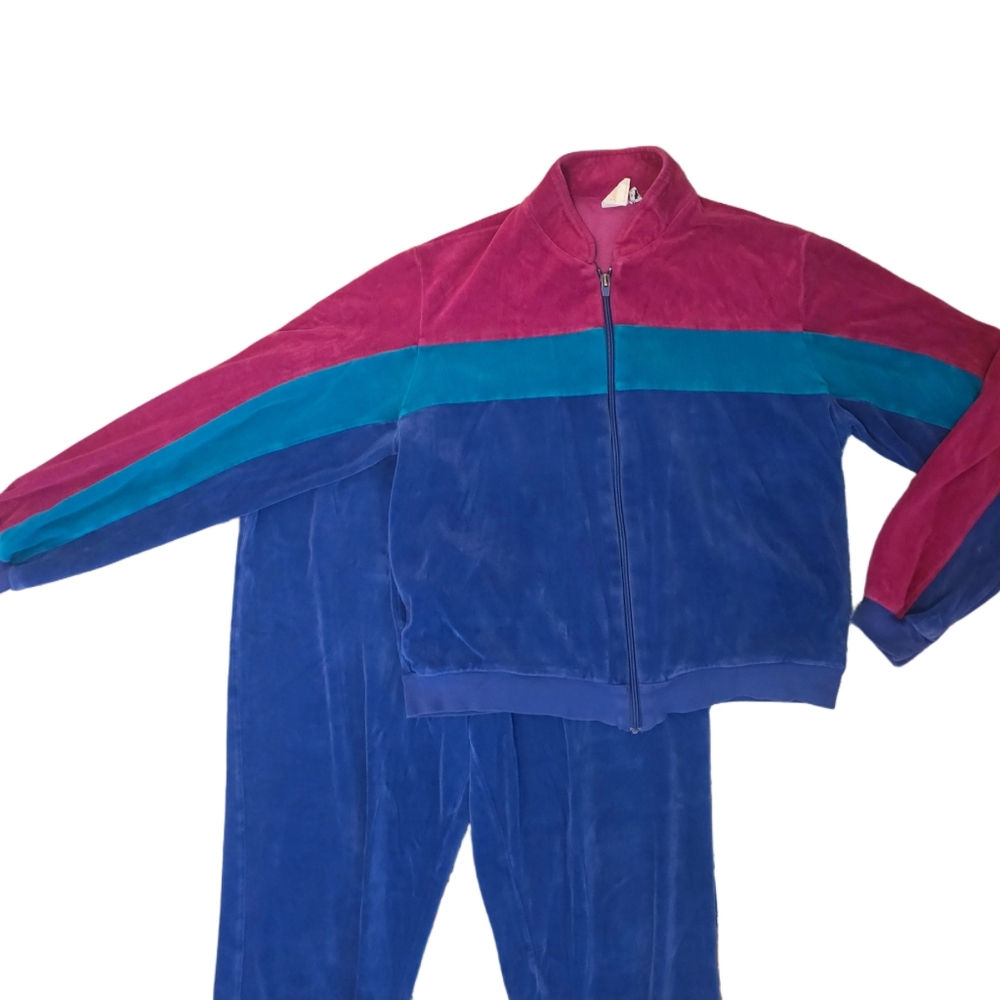 Vintage 1984 Jantzen Velour Track Suit Burgundy Blue Teal Medium - Picture 2 of 8